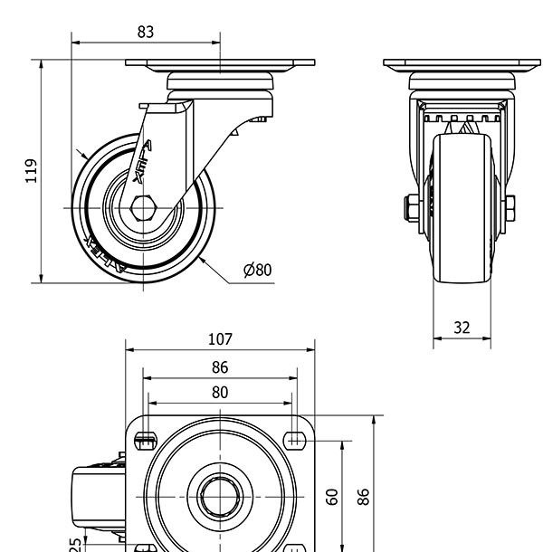 R.GIR.PLACA 10A80CP-PGAN POLIAMIX-GOMA GRIS EJE LISO