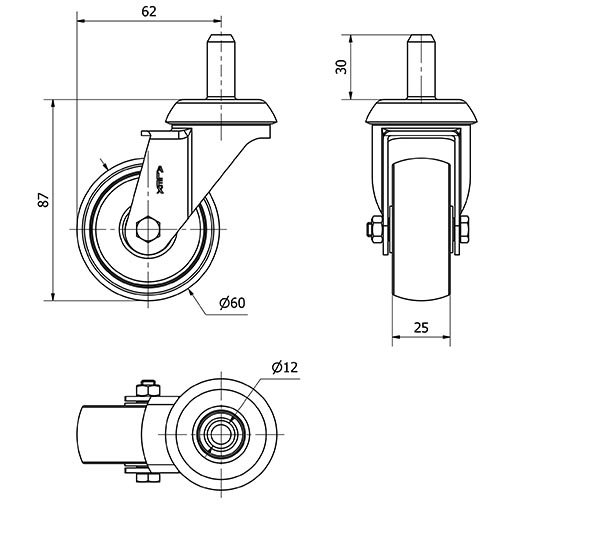 R.GIR.ESPIGA LISA M12x30 33BH60-BP PLASTICO BLANCO EJE LISO