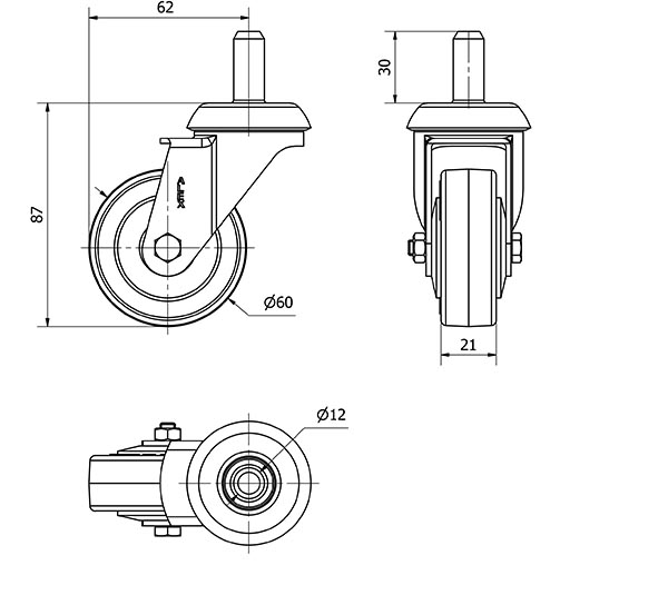 R.GIR.ESPIGA LISA M12x30 33BH60CP-PGIA POLIAMIX-GOMA GRIS EJE LISO