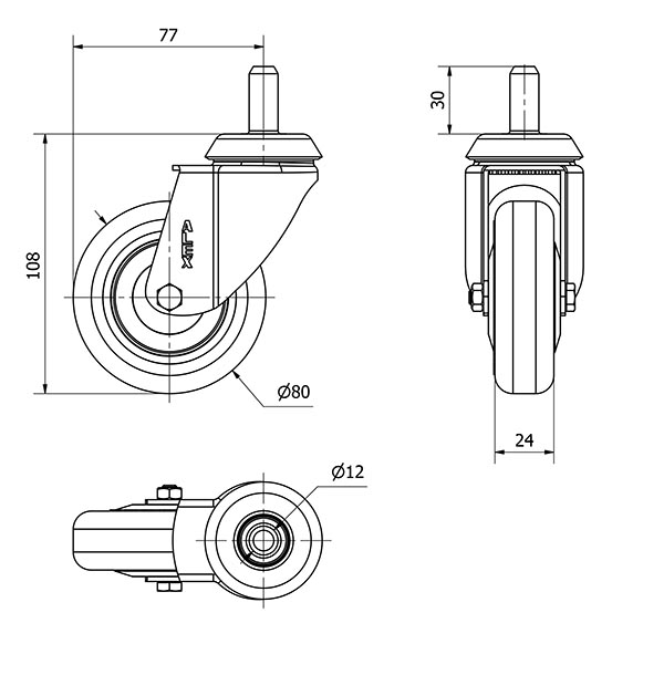 R.GIR.ESPIGA LISA M12x30 33BH80CP-PGI POLIAMIX-GOMA GRIS EJE LISO