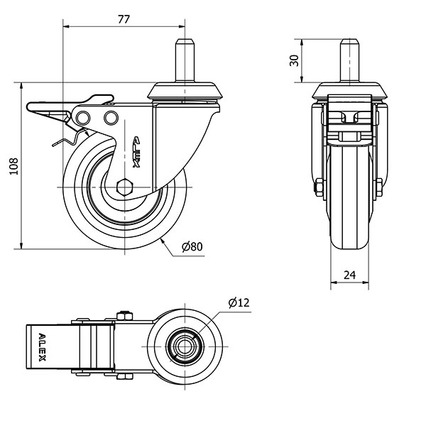 R.GIR.ESPIGA LISA M12x30 FRENO 33BHFD80CP-PGI POLIAMIX-GOMA GRIS LIS