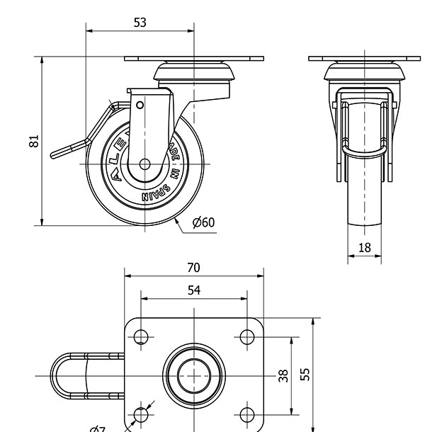 R.GIR.PLACA FRENO VARILLA 10BSRFV60-BP PLASTICO GRIS EJE LISO