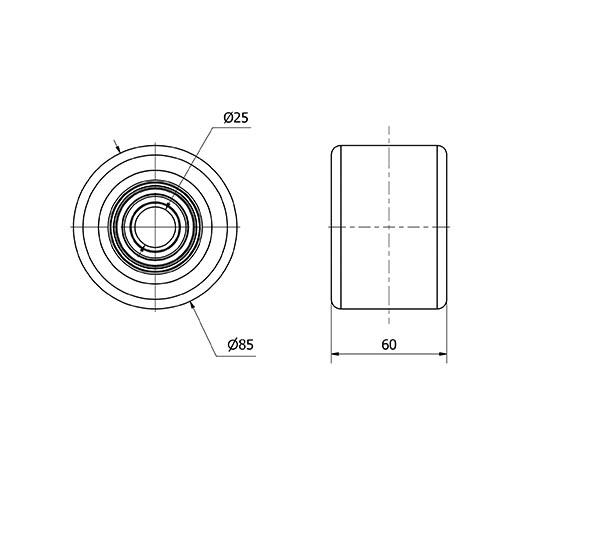 RODILLO TRANSPALETA VNB85-25-60 NUCLEO HIERRO Y BANDA POLIUR.BOLAS