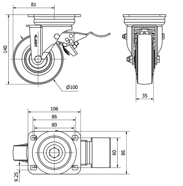 R.GIR.PLACA FRENO 10TVFD100-TPGN NYLON NEGRO-GOMA NEGRA EJE LISO