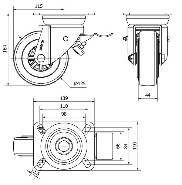 R.GIR.PLACA FRENO 10TVFD125-TPGN NYLON NEGRO-GOMA NEGRA EJE LISO