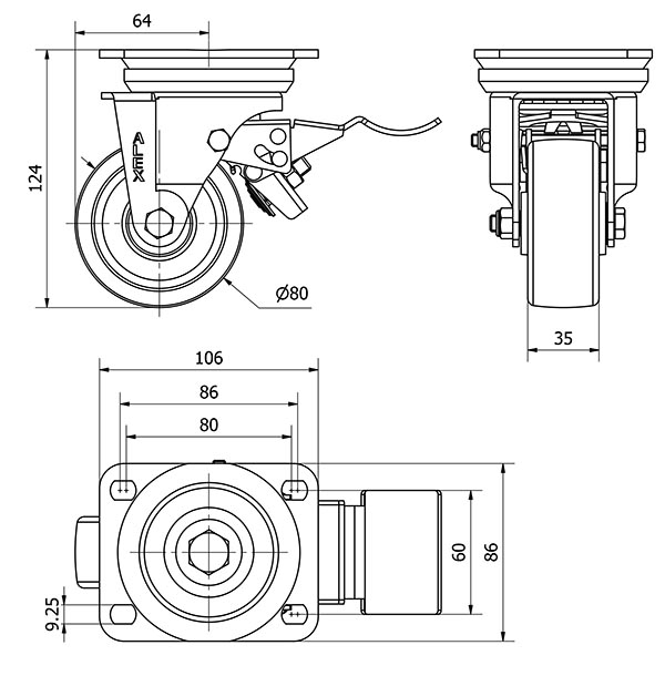 R.GIR.PLACA FRENO 10TVFD80-TNR NYLON BLANCO EJE RODILLOS
