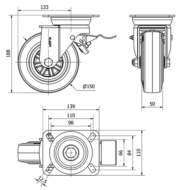 R.GIR.PLACA FRENO 10TVFD150-TPGN NYLON NEGRO-GOMA NEGRA EJE LISO