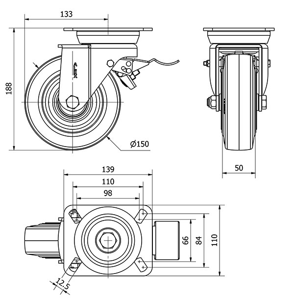 R.GIR.PLACA FRENO 10TVFD150-TPGB NYLON NEGRO-GOMA NEGRA EJE BOLAS