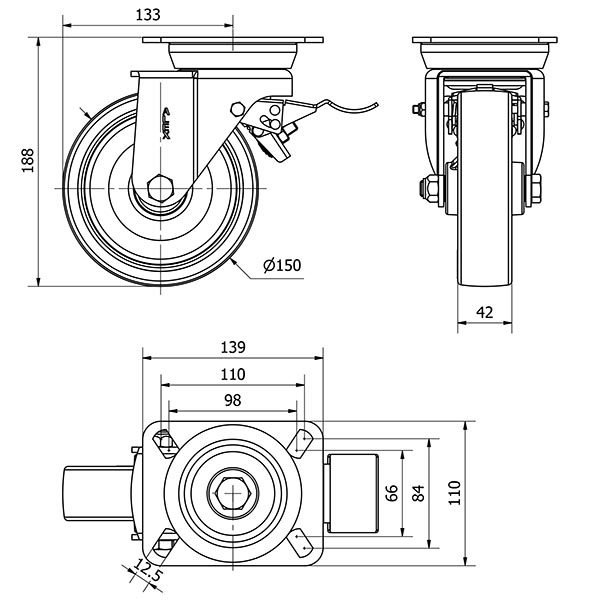 R.GIR.PLACA FRENO 10TVFD150-PO NYLON BLANCO-POLIUR.ROJO EJE LISO
