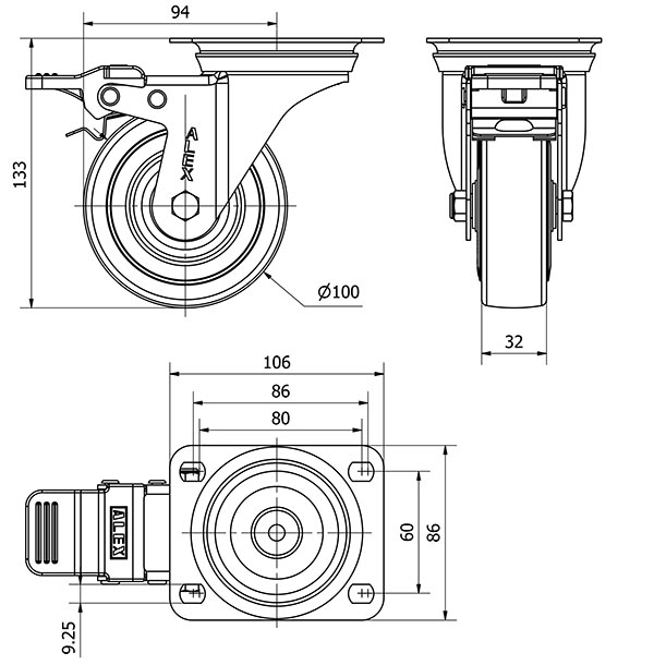 R.GIR.PLACA FRENO INOX.10ZVIFD100-PGAN POLIAMIX-GOMA GRIS EJE LISO