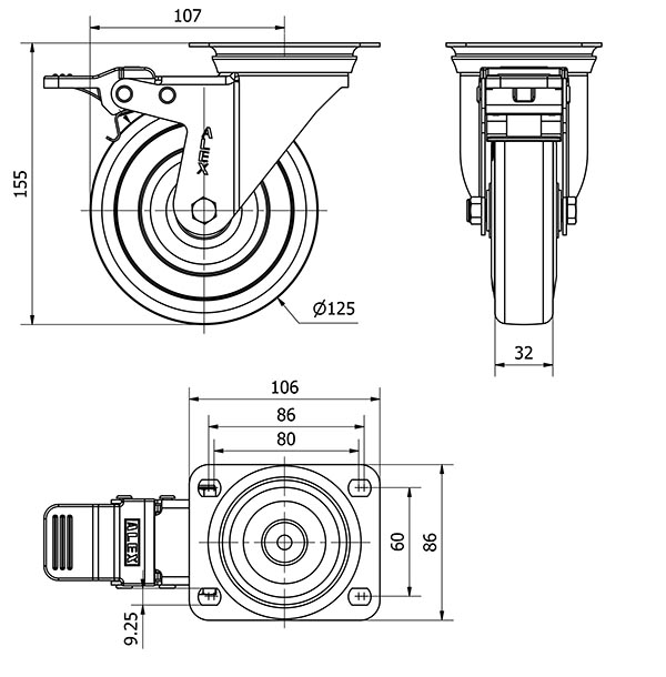 R.GIR.PLACA FRENO INOX.10ZVIFD125-PGAN POLIAMIX-GOMA GRIS EJE LISO