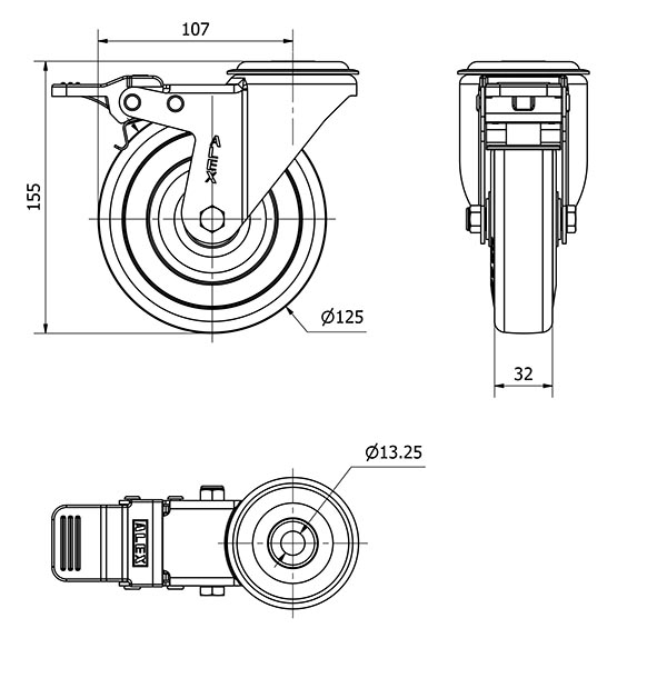 R.GIR.AGUJERO M12 FRENO INOX.20ZVIFD125-PGAN POLIAMIX-GOMA GRIS LISO