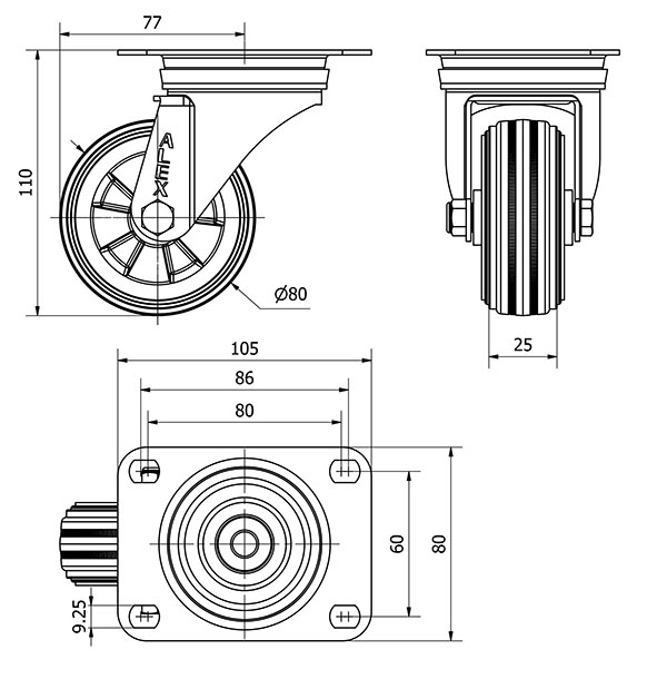 R.GIR.PLACA INOX.10ZVLI80-PSN POLIAMIX-GOMA NEGRA EJE LISO