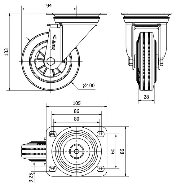 R.GIR.PLACA INOX.10ZVI100-PSN POLIAMIX-GOMA NEGRA EJE LISO