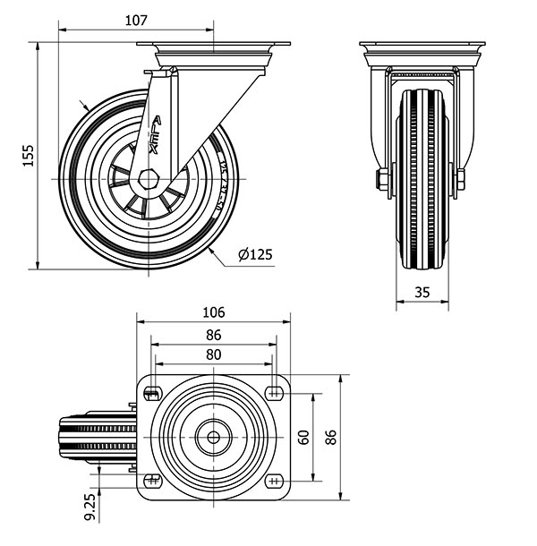 R.GIR.PLACA INOX.10ZVI125-PSN POLIAMIX-GOMA NEGRA EJE LISO
