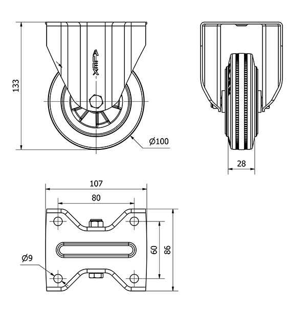 R.FIJA INOX.17ZVI100-PSN POLIAMIX-GOMA NEGRA EJE LISO
