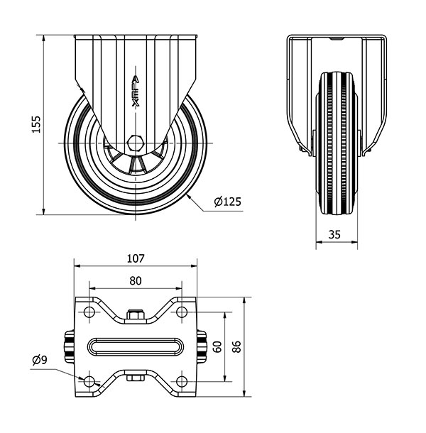 R.FIJA INOX.17ZVI125-PSN POLIAMIX-GOMA NEGRA EJE LISO