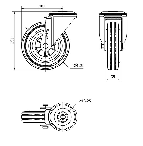 R.GIR.AGUJERO M12 INOX.20ZVI125-PSN POLIAMIX-GOMA NEGRA EJE LISO