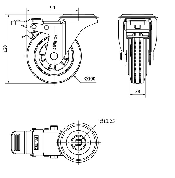 R.GIR.AGUJERO M12 FRENO INOX.20ZVIFD100-PSN POLIAMIX-GOMA NEGRA LISO