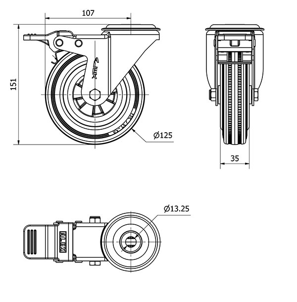 R.GIR.AGUJERO M12 FRENO INOX.20ZVIFD125-PSN POLIAMIX-GOMA NEGRA LISO