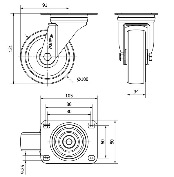 R.GIR.PLACA INOX.10ZVLI100-UT POLIAMIX BLANCO EJE LISO