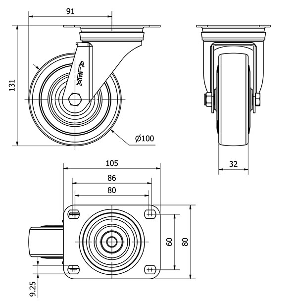 R.GIR.PLACA INOX.10ZVLI100-PGAN POLIAMIX-GOMA GRIS EJE LISO