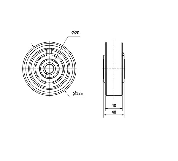RUEDA HUB125-20-48 NUCLEO HIERRO Y BANDA POLIUR.NARANJA EJE BOLAS