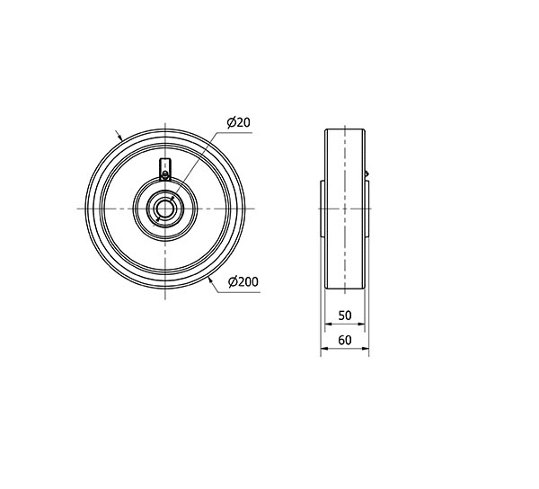 RUEDA HUB200-20-60 NUCLEO HIERRO Y BANDA POLIUR.NARANJA EJE BOLAS