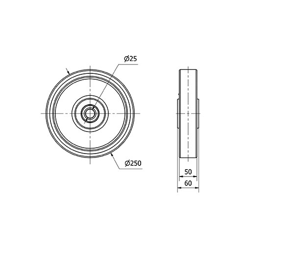 RUEDA HUB250-25-60 NUCLEO HIERRO Y BANDA POLIUR.NARANJA EJE BOLAS