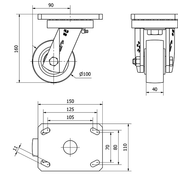 R.GIR.PLACA 10HLB100-HUB HIERRO-POLIUR.NARANJA EJE BOLAS