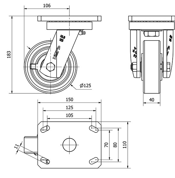 R.GIR.PLACA 10HLB125-HUB HIERRO-POLIUR.NARANJA EJE BOLAS