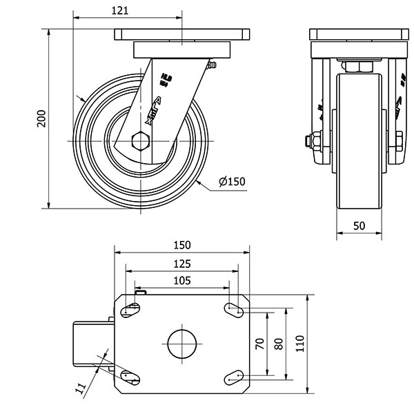 R.GIR.PLACA 10HLB150-HUB HIERRO-POLIUR.NARANJA EJE BOLAS