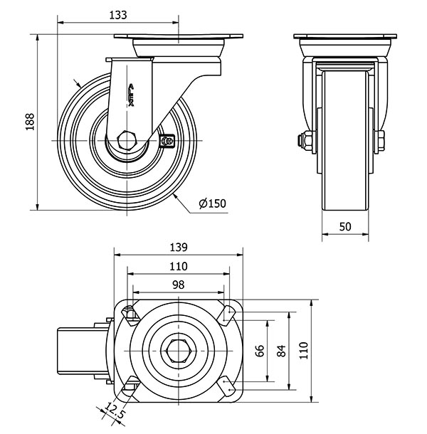 R.GIR.PLACA 10TV150-HUB HIERRO-POLIUR.NARANJA EJE BOLAS
