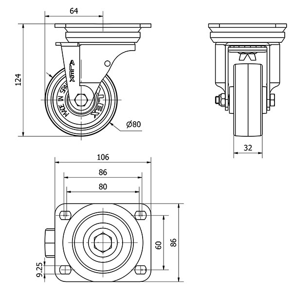 R.GIR.PLACA 10TV80-FT NYLON BLANCO EXTRAFUERTE EJE LISO