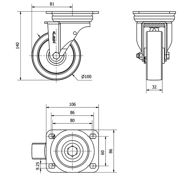 R.GIR.PLACA 10TV100-FT NYLON BLANCO EXTRAFUERTE EJE LISO
