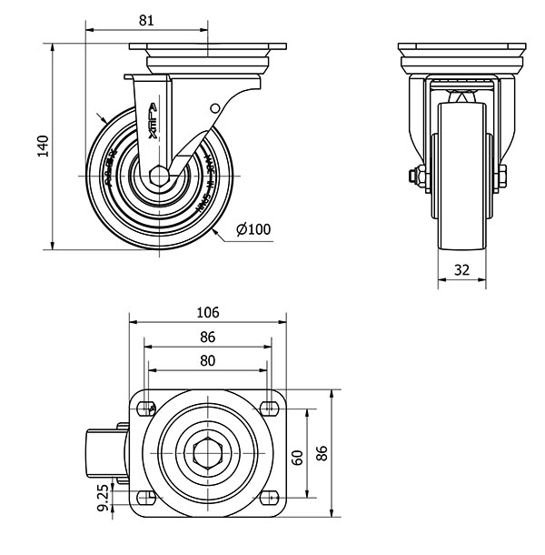 R.GIR.PLACA 10TV100-FTB NYLON BLANCO EXTRAFUERTE EJE BOLAS