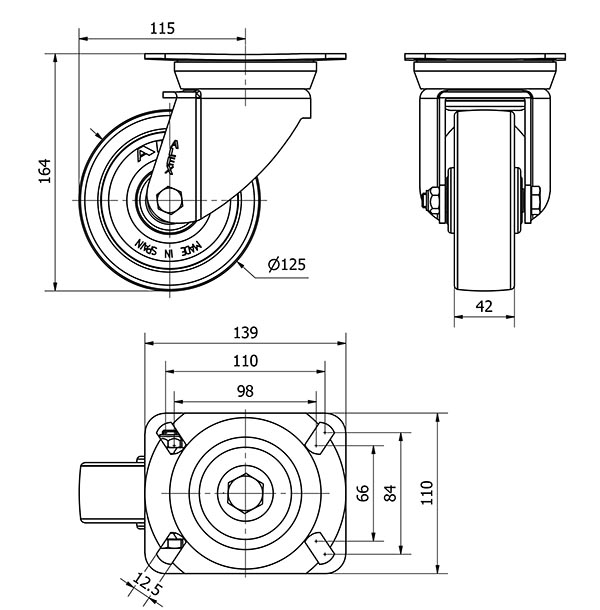 R.GIR.PLACA 10TV125-FT NYLON BLANCO EXTRAFUERTE EJE LISO