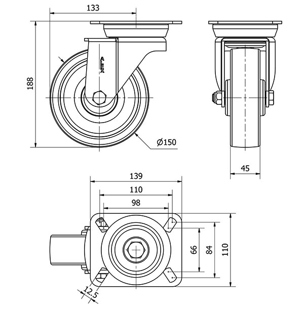 R.GIR.PLACA 10TV150-FT NYLON BLANCO EXTRAFUERTE EJE LISO