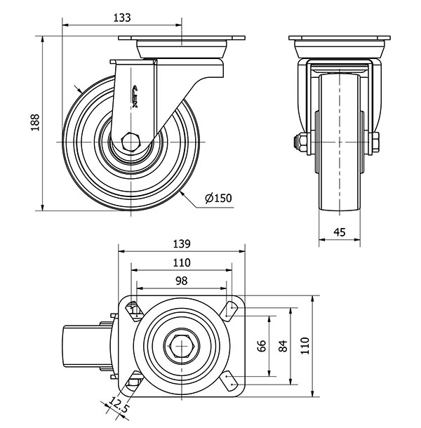 R.GIR.PLACA 10TV150-FTB NYLON BLANCO EXTRAFUERTE EJE BOLAS