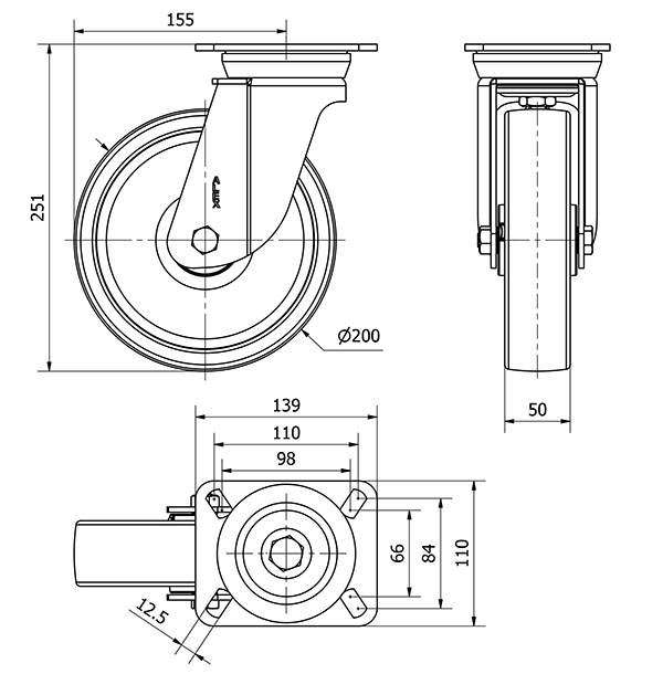 R.GIR.PLACA 10TV200-FT NYLON BLANCO EXTRAFUERTE EJE LISO