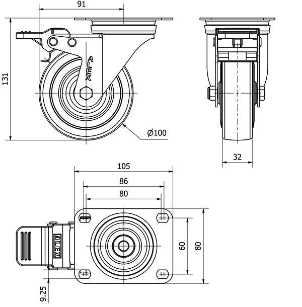 R.GIR.PLACA FRENO INOX.10ZVLIFD100-PGAN POLIAMIX-GOMA GRIS EJE LISO