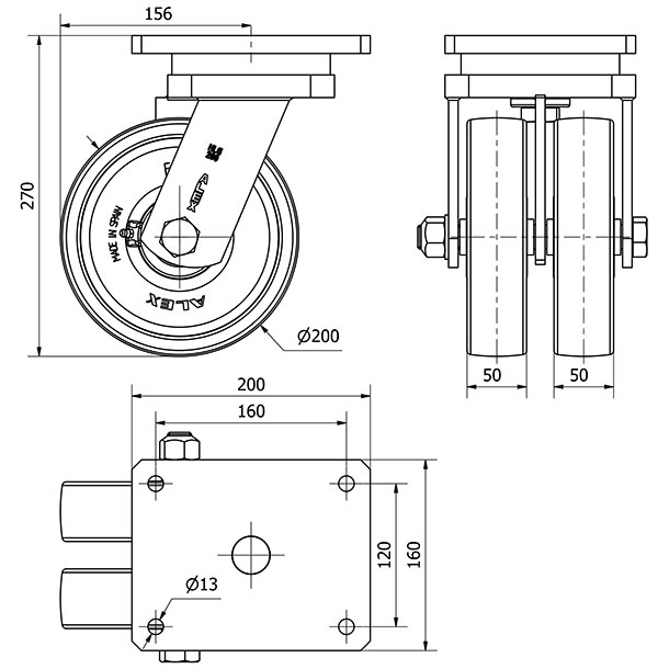 R.GIR.PLACA 10HLG200-FTB NYLON BLANCO EXTRAFUERTE (DOBLE) EJE BOLAS