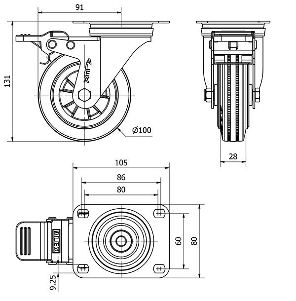 R.GIR.PLACA FRENO INOX.10ZVLIFD100-PSN POLIAMIX-GOMA NEGRA EJE LISO