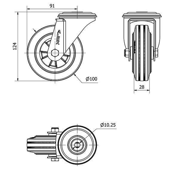 R.GIR.AGUJERO M10 INOX.20ZVLI100-PSN POLIAMIX-GOMA NEGRA EJE LISO