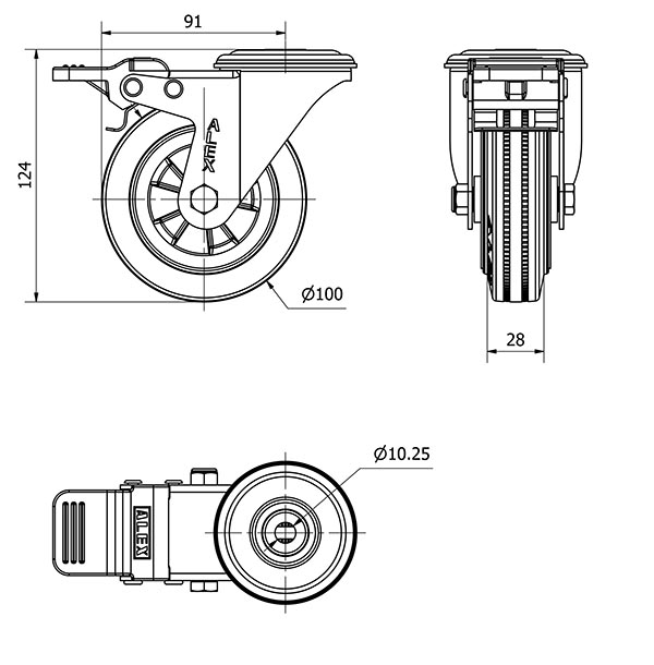 R.GIR.AGUJERO M10 FRENO 20ZVLFD100-PSN POLIAMIX-GOMA NEGRA EJE LISO