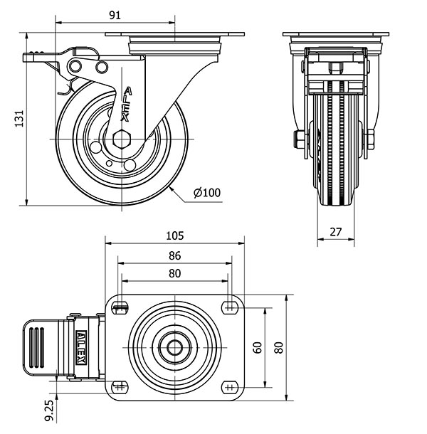 R.GIR.PLACA FRENO 10ZVLFD100-BSR METALICO-GOMA NEGRA EJE RODILLOS