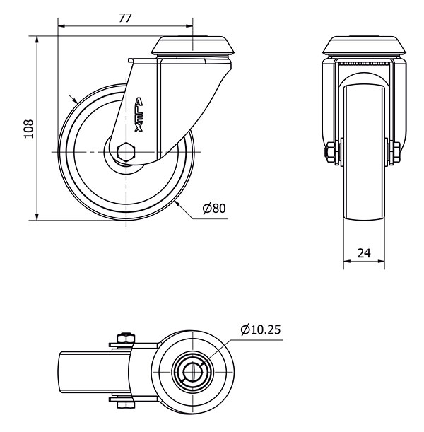 R.GIR.AGUJERO M10 20BH80-SL PLASTICO BLANCO EJE LISO