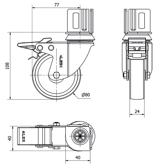 R.GIR.PLETINA ANGULAR FRENO 16BHFD80-SL PLASTICO BLANCO EJE LISO