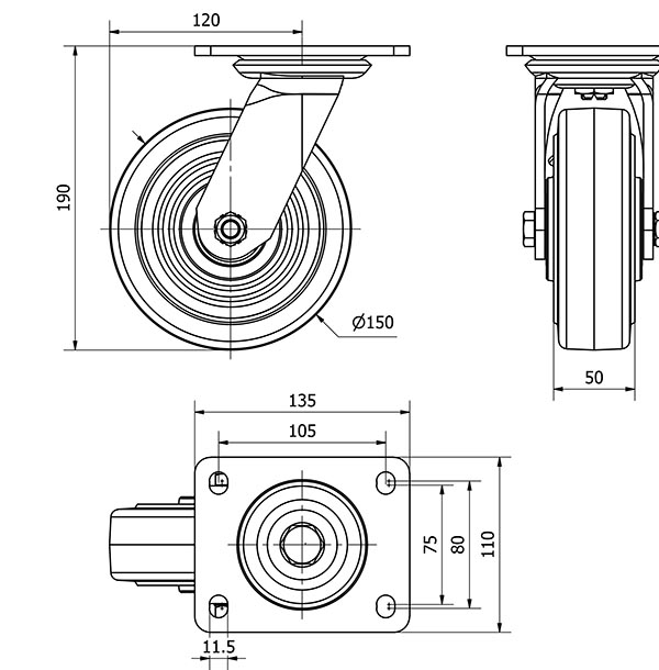 R.GIR.PLACA 10SL150-HGB HIERRO-GOMA NEGRA NATURAL EJE BOLAS