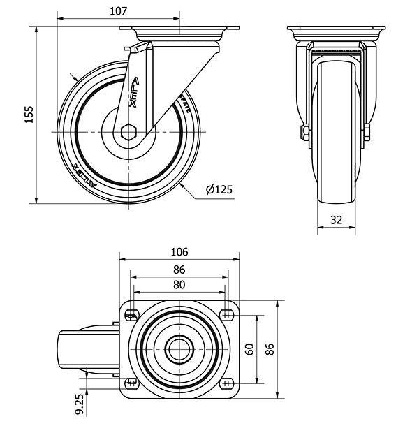 R.GIR.PLACA 10ZV125CP-PUISB POLIP.-POLIUR.GRIS EJE BOLAS